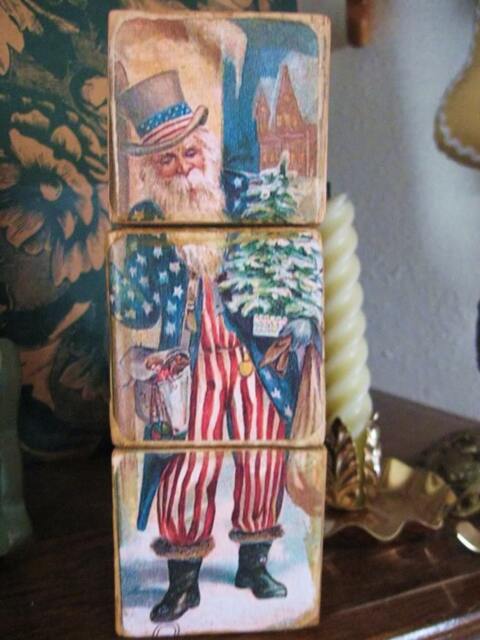 Victorian Christmas Wooden Shelf Puzzle Blocks Patriotic Santa Snowman & Children Vintage Free Shipping To U.s - image 1