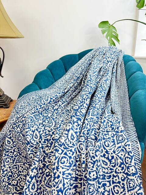 Kantha Stitch Pure Cotton Reversible Bed/Sofa Throw King Size - Handmade Handprinted Floral Dohar Leaves Weave Blue White Rustic - image 1