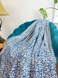 Kantha Stitch Pure Cotton Reversible Bed/Sofa Throw King Size - Handmade Handprinted Floral Dohar Leaves Weave Blue White Rustic - thumbnail 1