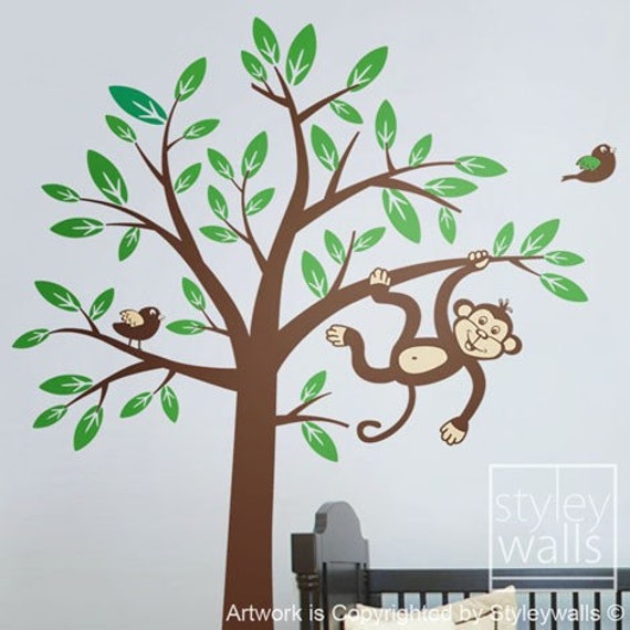 Monkey Tree Wall Decal 2 Monkeys Swinging From & Branch With Birds - Nursery Kids Room Decor Baby Sticker Vinyl - image 1