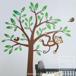 Monkey Tree Wall Decal 2 Monkeys Swinging From & Branch With Birds - Nursery Kids Room Decor Baby Sticker Vinyl - thumbnail 1
