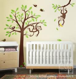 Monkey Tree Wall Decal 2 Monkeys Swinging From & Branch With Birds - Nursery Kids Room Decor Baby Sticker Vinyl - thumbnail 3