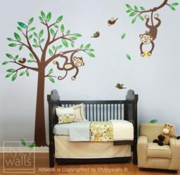 Monkey Tree Wall Decal 2 Monkeys Swinging From & Branch With Birds - Nursery Kids Room Decor Baby Sticker Vinyl - thumbnail 2