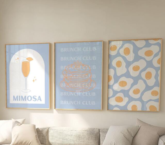 Set Of 3 Blue Brunch Prints, Kitchen Club, Eggs, Trendy Wall Art, Girly Posters, Housewarming Gift - image 1