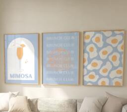 Set Of 3 Blue Brunch Prints, Kitchen Club, Eggs, Trendy Wall Art, Girly Posters, Housewarming Gift - thumbnail 1