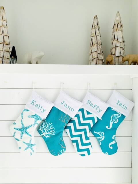 Nautical Christmas Stocking, Turquoise, Teal Christmas, Ocean, Personalized Coastal, Starfish, Chevron 520 562 582 - image 1
