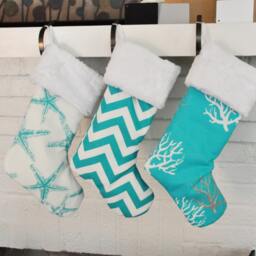 Nautical Christmas Stocking, Turquoise, Teal Christmas, Ocean, Personalized Coastal, Starfish, Chevron 520 562 582 - thumbnail 2