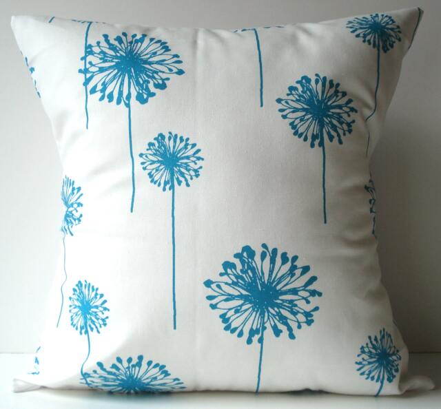 New 18x18 Inch Designer Handmade Pillow Case With Turquoise Dandelions On White