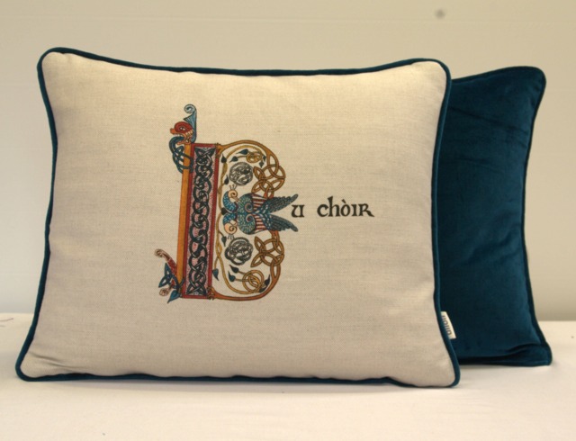 Handmade Cushion With Original Illuminated Lettering & Gaelic Text Printed Onto Linen Union Backed Velvet