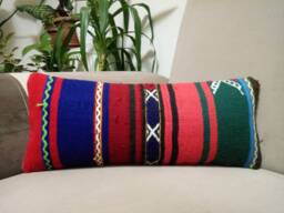 Lumbar Decorative Pillow 8x20 Inches Striped Turkish Anatolian Kilim Wool Kilim Pillow Handmade Decor Rug - thumbnail 1