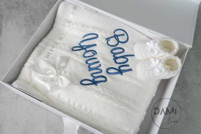 Personalised White Baby Gift Set - Blanket & Booties - Newborn Keepsake Shower Christening Present Custom Embroidery - image 1