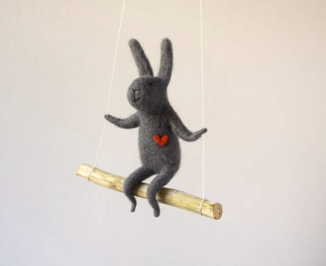 Swinging Bunny, Needle Felted Nursery Decoration, Baby Crib Mobile, Hanging Mobile - image 1