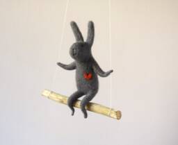 Swinging Bunny, Needle Felted Nursery Decoration, Baby Crib Mobile, Hanging Mobile - thumbnail 1