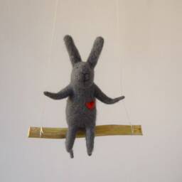Swinging Bunny, Needle Felted Nursery Decoration, Baby Crib Mobile, Hanging Mobile - thumbnail 3