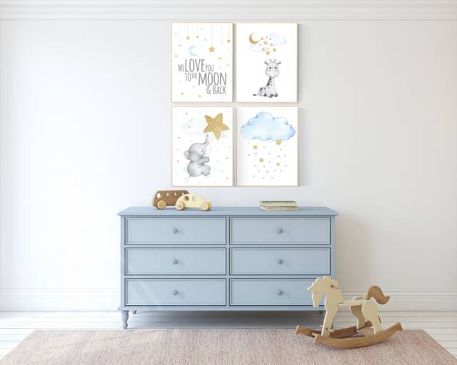 Blue & Gold Elephant Nursery Print Moon & Stars Wall Art - image 1