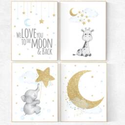 Blue & Gold Elephant Nursery Print Moon & Stars Wall Art - thumbnail 2