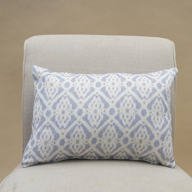 Santorini Linen Blend Boudoir Cushion. Soft Blue & White Geometric Trellis Pattern. 17x12 - image 1
