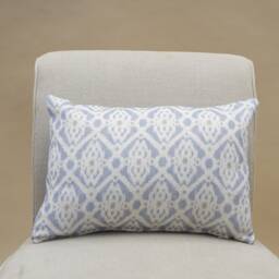 Santorini Linen Blend Boudoir Cushion. Soft Blue & White Geometric Trellis Pattern. 17x12
