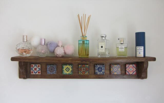Rustic Wood Mexican Style Shelf With Hand Painted Terracotta Tiles Kitchen Bathroom Entryway - image 1