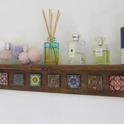Rustic Wood Mexican Style Shelf With Hand Painted Terracotta Tiles Kitchen Bathroom Entryway - thumbnail 2
