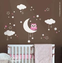 Owl Wall Decal, Moon Stars & Clouds Nursery Kids Sticker, Night Decal - thumbnail 2
