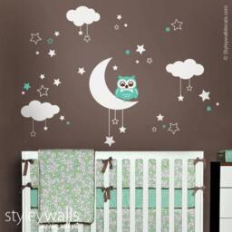 Owl Wall Decal, Moon Stars & Clouds Nursery Kids Sticker, Night Decal
