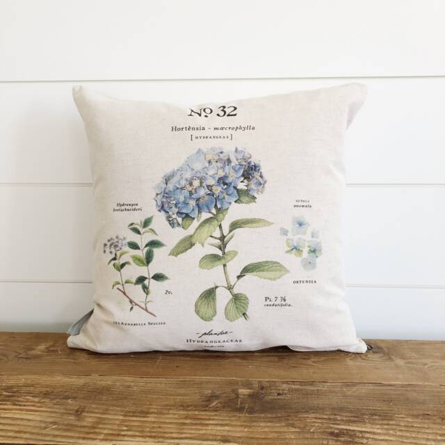 Blue Hydrangea Linen Pillow Cover - Botanical Farmhouse Decor - image 1