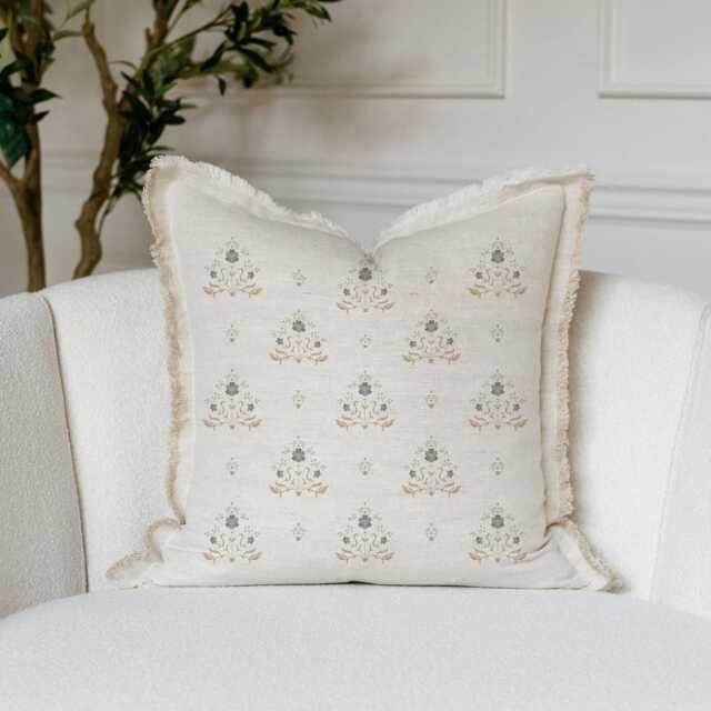 Hand Block Floral Fringe Pillow Cover - Print Decorative Throw Modern Indian Sutton - image 1
