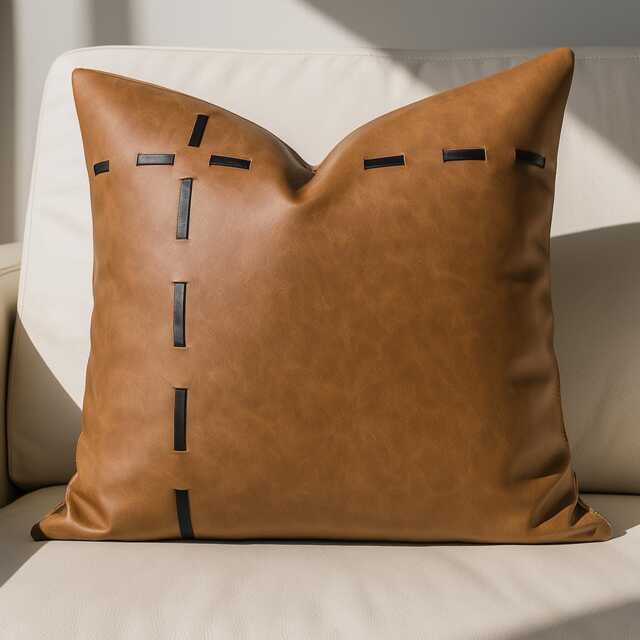 Real Leather Cushion Cover Brown With Black Stitch Detail Modern Decorative Throw Pillow 45 X cm Handmade Rustic Luxury Home Decor - image 1