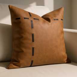 Real Leather Cushion Cover Brown With Black Stitch Detail Modern Decorative Throw Pillow 45 X cm Handmade Rustic Luxury Home Decor - thumbnail 2