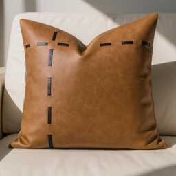 Real Leather Cushion Cover Brown With Black Stitch Detail Modern Decorative Throw Pillow 45 X cm Handmade Rustic Luxury Home Decor - thumbnail 1