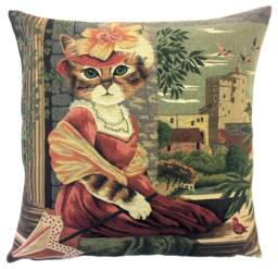 Victorian Cat Tapestry Pillow Cover Belgian Woven Cotton Cushion - 18x18 - thumbnail 1