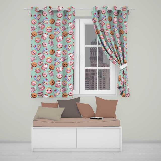 Cute Kawaii Donut Cake Cupcake Sweet Dessert Seamless Pattern Teal Background Readymade Eyelet Ring Top Thermal 100% Blackout Curtains - image 1