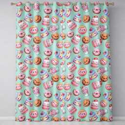Cute Kawaii Donut Cake Cupcake Sweet Dessert Seamless Pattern Teal Background Readymade Eyelet Ring Top Thermal 100% Blackout Curtains - thumbnail 2