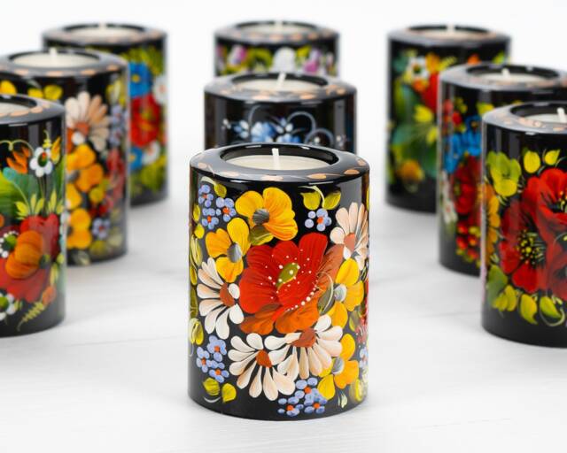 Ukrainian Hand Painted Tea Light Candle Holder, Christmas Tealight Candlestick Petrykivka Gift Ukraine Seller, S131 - image 1
