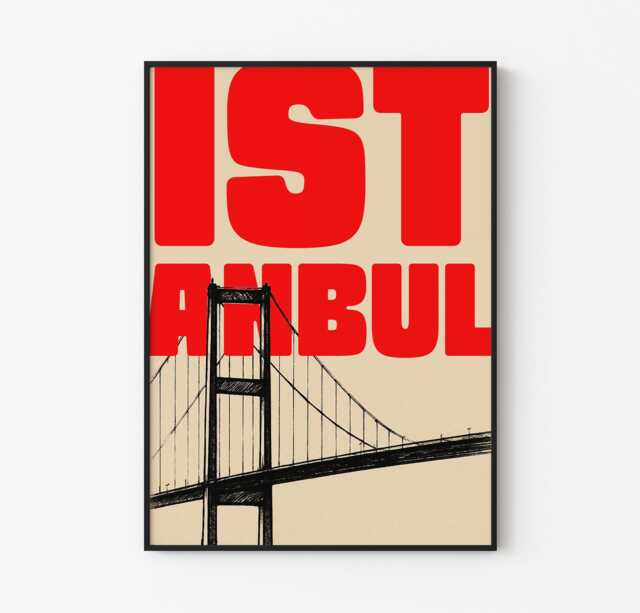 Istanbul Art Print Red Typography, Bosphorus Bridge, Modern Wall - image 1