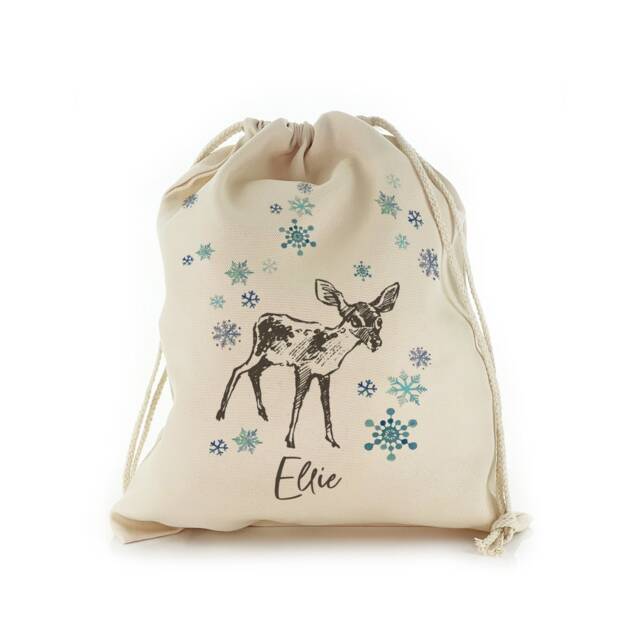 Personalized Christmas Gift Sack, Bambi Reindeer Design, Drawstring Bag - image 1