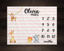 Safari Baby Milestone Blanket Month Growth Tracker Shower Elephant Giraffe Lion Monkey Newborn Gift Animals