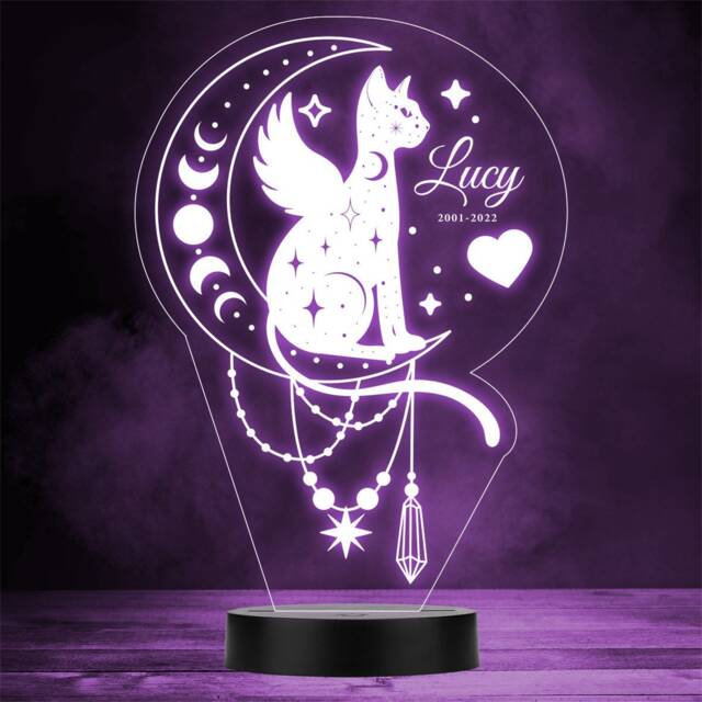 Angel Cat Moon Pet Loss Memorial Personalised Gift Colour Changing Night Light - image 1