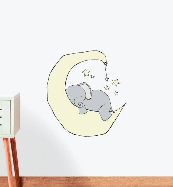 Elephant On The Moon Dreaming Wall Sticker Decal - Nursery Stickers, Animal Decals, Home Decor, Baby Room, Art, Girl, Boy