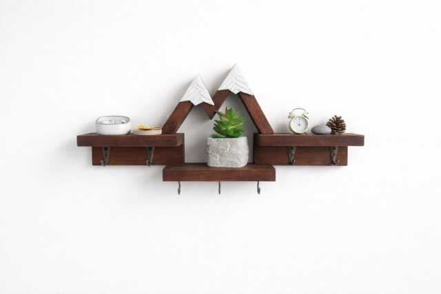 Mountain Key Holder With Shelf & Hooks - Wooden Wall Rack Rustic Entryway Organizer Cabin Decor First Apartment Gift - image 1