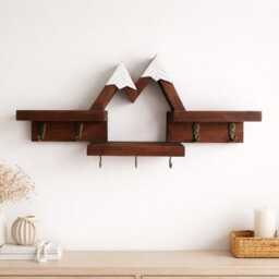Mountain Key Holder With Shelf & Hooks - Wooden Wall Rack Rustic Entryway Organizer Cabin Decor First Apartment Gift - thumbnail 3