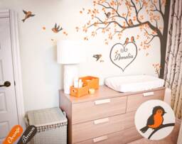 Tree Wall Decal Nursery Decal With Custom Baby Name Corner Tree Sticker Birds & Heart Large Art Tattoo - Kw006 - thumbnail 1