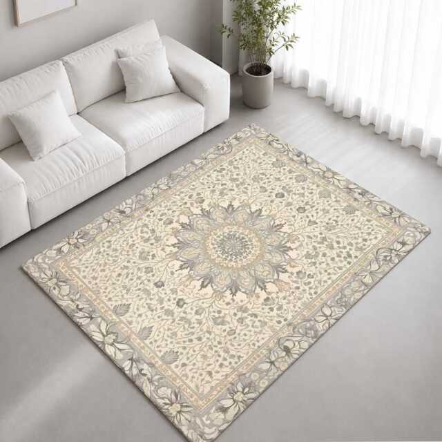 Grey Beige Ornate Floral Medallion Rug Non-Slip Soft Area Carpet Bedroom Living Room Hallway Mat Decor - Made in UK - image 1