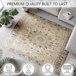 Grey Beige Ornate Floral Medallion Rug Non-Slip Soft Area Carpet Bedroom Living Room Hallway Mat Decor - Made in UK - thumbnail 3