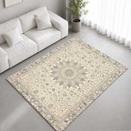 Grey Beige Ornate Floral Medallion Rug Non-Slip Soft Area Carpet Bedroom Living Room Hallway Mat Decor - Made in UK