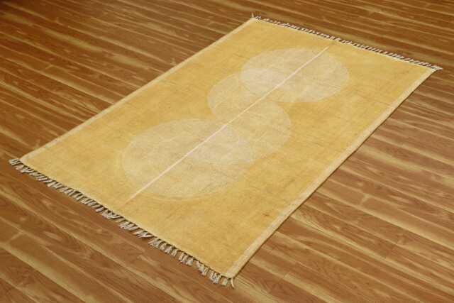 Forest Handmade Cotton Rug - 5x6 Feet Beige Block Printed Dhurrie - image 1