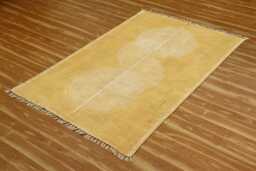 Forest Handmade Cotton Rug - 5x6 Feet Beige Block Printed Dhurrie