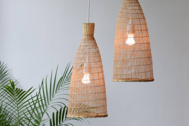 Tall Thin Natural Bamboo Light - Boho Pendant Lamp Shade Fixture, Repurposed Woven Wood Basket - image 1