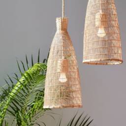Tall Thin Natural Bamboo Light - Boho Pendant Lamp Shade Fixture, Repurposed Woven Wood Basket - thumbnail 3